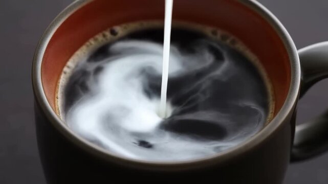 Cream swirling into black coffee creating captivating patterns in ceramic mug