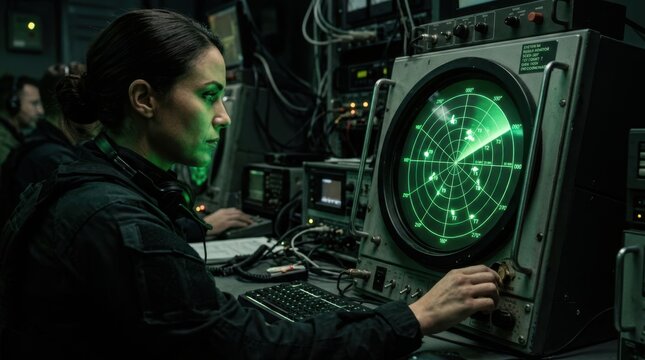 A female military specialist or scientist monitoring a vintage circular green radar screen displaying anomalous tracking targets inside a dark control facility.