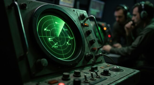 A female military specialist or scientist monitoring a vintage circular green radar screen displaying anomalous tracking targets inside a dark control facility.