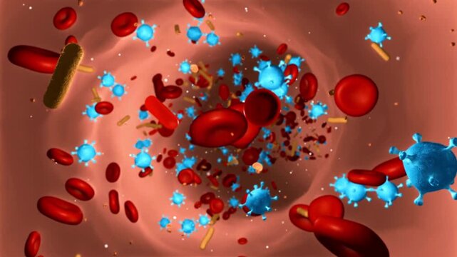 3D Animation of Bloodstream with Red Blood Cells and Virus Particles