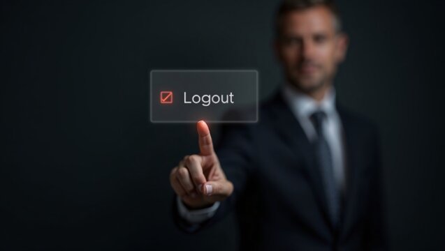 Businessman tapping a glowing virtual Logout button on a dark background.