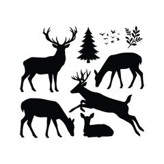 Fototapeta premium Deer family and forest elements silhouette illustration
