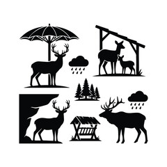 Fototapeta premium Set of deer in forest settings with umbrellas and rain clouds vector graphics