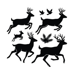 Fototapeta premium Set of jumping deer silhouettes with antlers birds and pine branches collection