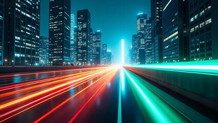 Fototapeta premium Dynamic red and green vehicle light trails stretch down a city highway toward a glowing modern skyscraper skyline at night.