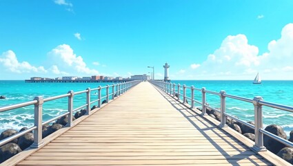 Naklejka premium Wooden pier stretching toward a white lighthouse over turquoise sea under a bright blue sky with fluffy clouds.