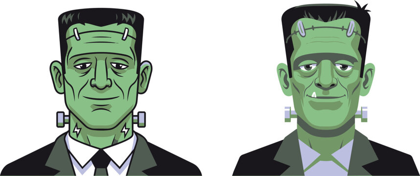 Frankenstein monster cartoon character portraits, green zombie man head with neck bolts, spooky halloween creature vector set for party invitations