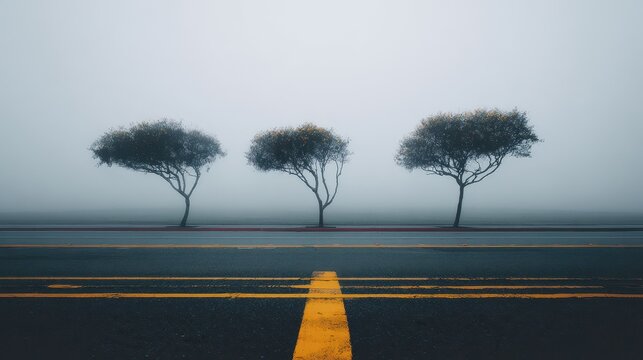 A foggy road with three trees in the background. Scene is somber and quiet.