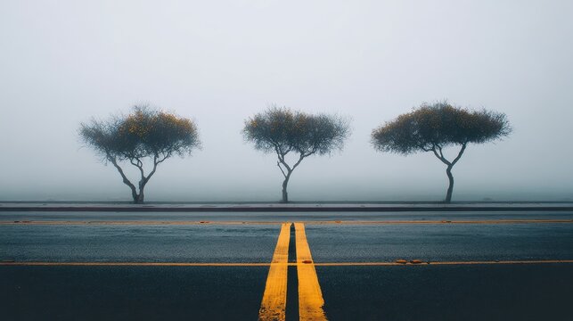 A foggy road with three trees in the background. Scene is somber and quiet.