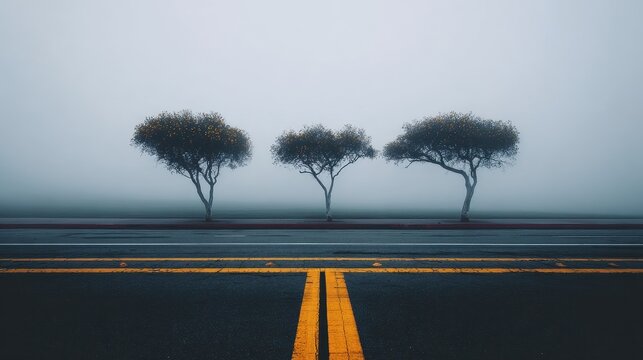 A foggy road with three trees in the background. Scene is somber and quiet.