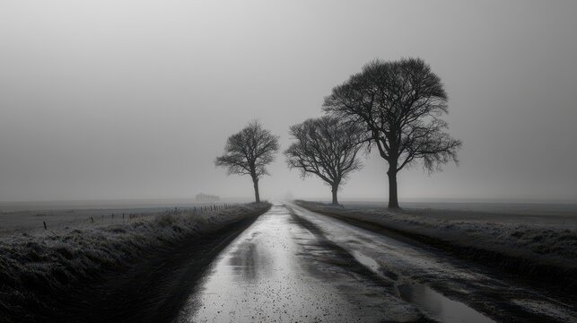A foggy road with three trees in the background. Scene is somber and quiet.