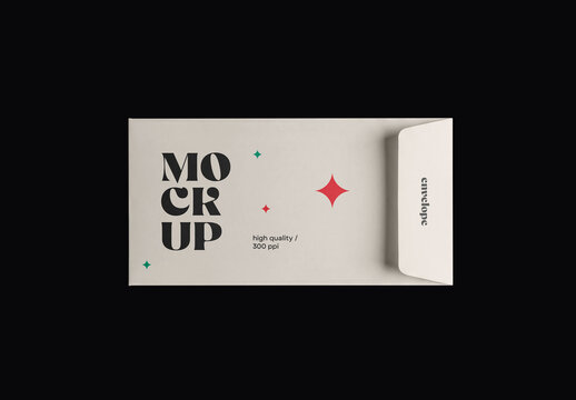Top view of a horizontal paper envelope mockup with an open flap isolated on a solid black background