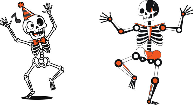 Funny dancing skeleton vector set, happy Halloween skeletons with party hat and bow tie, spooky character illustrations for holiday celebration