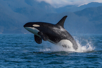 Naklejka premium Orca whale breaching the ocean surface with dramatic splash and spray.