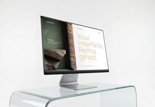 Perspective view of a desktop computer monitor screen mockup standing on a curved transparent glass table against a solid white background