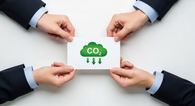 Business people holding a white card with a green carbon dioxide reduction and arrows