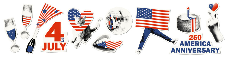 Happy USA Independence day collage scrapbook paper elements with doodles Halftone stickers for celebration of 4th July. American flag cake glasses disco ball. Modern retro vector illustration isolated © ugguggu