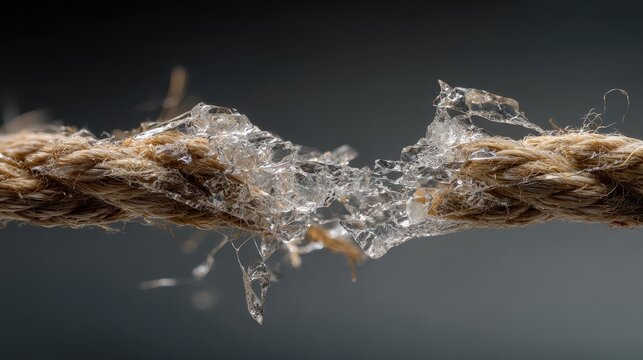 Broken Rope stretched with force and stressed to a breaking point as a fragility metaphor of a thin connection under pressure and weakness or anxiety as a rupture breaking apart as.