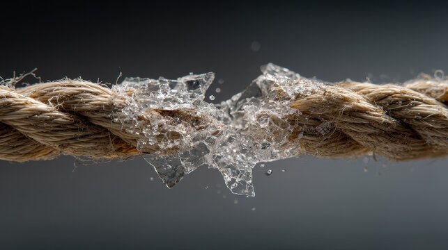 Broken Rope stretched with force and stressed to a breaking point as a fragility metaphor of a thin connection under pressure and weakness or anxiety as a rupture breaking apart as.