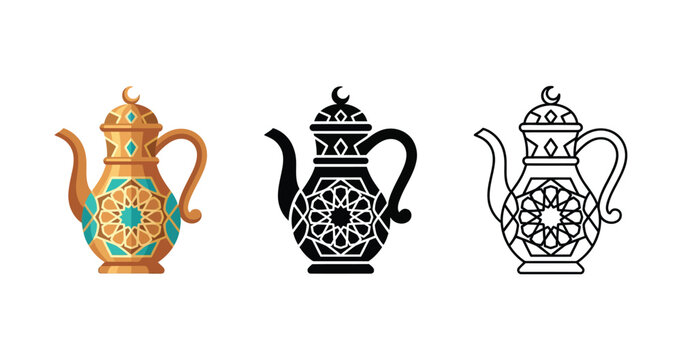 Arabic teapot with floral patterns in golden, black and white Vector