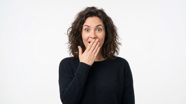 Surprised Young Woman Covering Mouth with Hand in Amazement Isolated on White Background