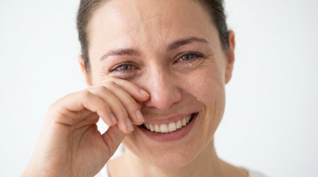 Emotional Woman Smiling Through Tears of Joy and Relief