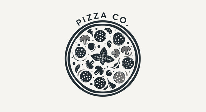 Detailed circular pizza logo for a pizza company, on a bright studio background.