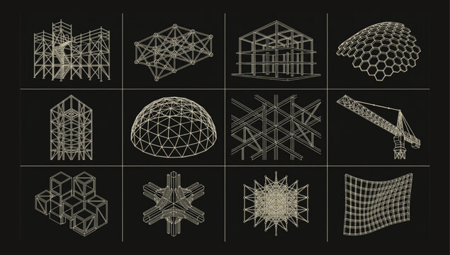 Collection of engineering wireframe icons featuring diverse building structures trusses domes and construction skeletons engineering construction wireframe structure framework
