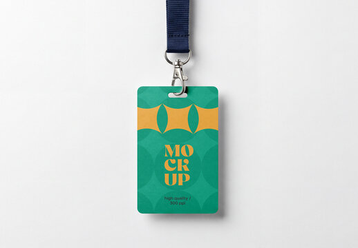 Front view of a vertical plastic ID card badge mockup attached to a blue fabric lanyard strap isolated on a solid light grey background
