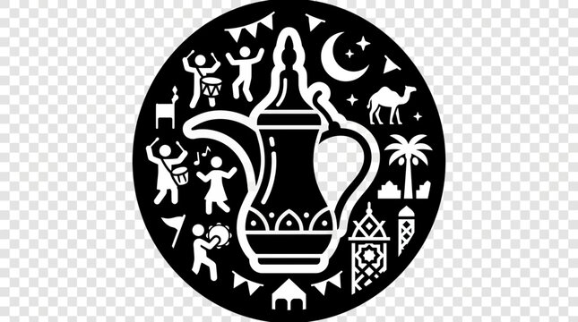 Arabic culture circular icon with dallah and desert symbols.