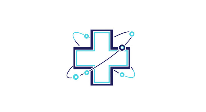 Medical Innovation: Cross Symbol with Orbiting Elements Representing Health Tech