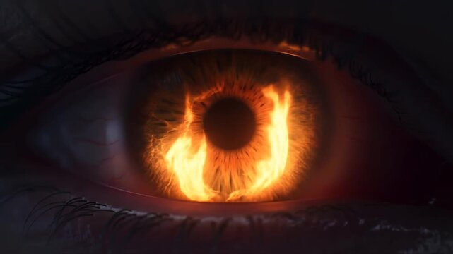 Slow motion tracking shot close up of human eye with flames burning in iris in dark interior studio night setting