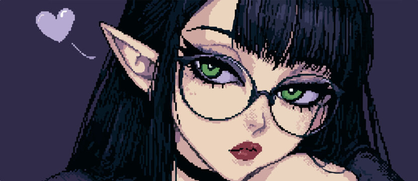 Pixel Art Elf Woman Portrait with Glasses and Green Eyes