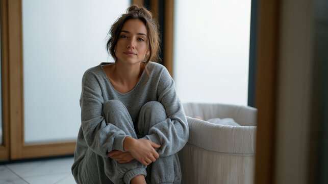 exhausted mother sitting on bathroom floor at early morning, knees pulled to chest beside infant bassinet, overcast light through frosted window, dark circles visible, parenting
