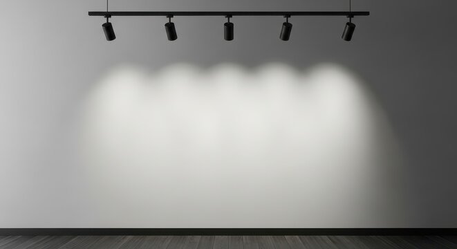 Empty white wall illuminated by five black track lights mounted on ceiling in dark room setting