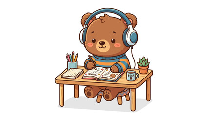Cute bear listening music and studying at desk © punduh