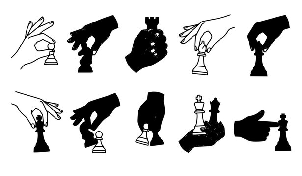 Hands holding chess pieces vector icon set strategy game symbols isolated on white