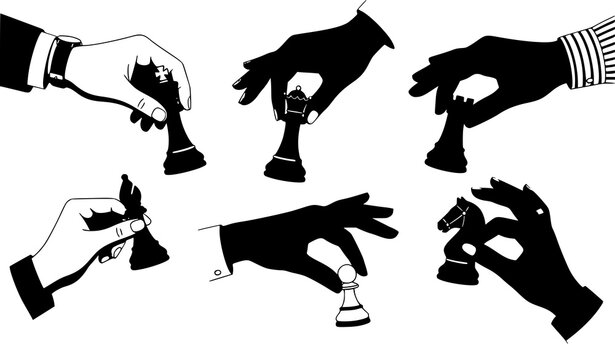 Hands holding chess pieces vector illustration strategy game collection isolated on white