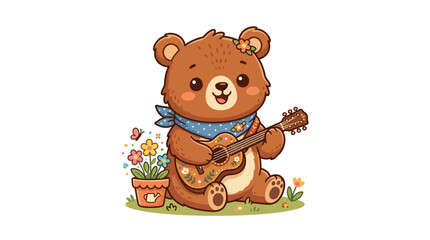 Cute Bear Playing Guitar in Nature © punduh