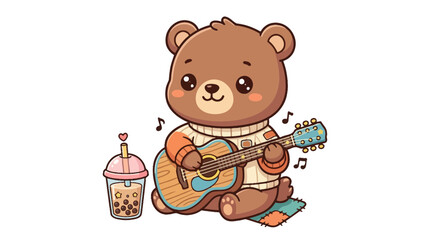 Cute Bear Playing Guitar Next to Bubble Tea © punduh