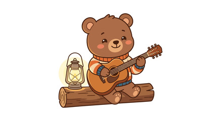 Cute Bear Playing Guitar on Log with Lantern © punduh