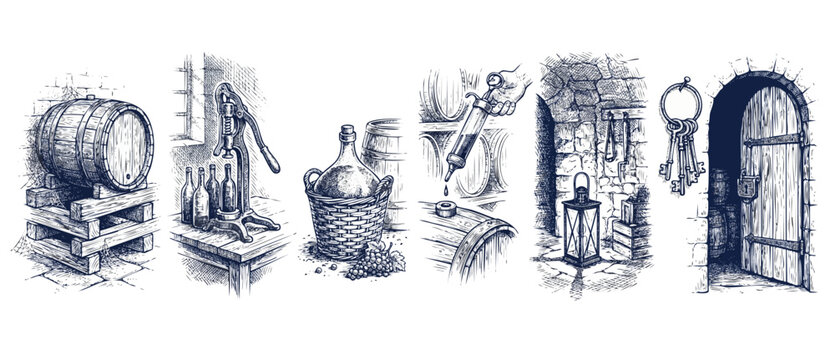 Wine cellar vintage sketch set of wine making illustrations featuring wooden barrels, vintage bottle corker machine, glass carboy, keys, lantern, and old rustic wooden door in medieval style.