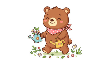 Obraz premium Cute Bear Watering Flowers, Gardening, Spring Season, Cartoon