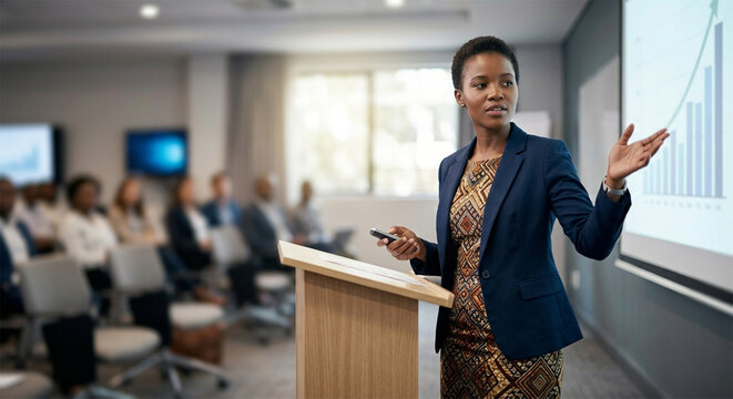 Confident businesswoman presenting data to an audience in a modern conference room.

