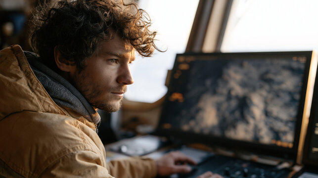 Oceanography remotely-operated vehicle technician in vessel control room guiding deep transect mission, seafloor footage on main monitor showing hadal zone terrain, depth readout