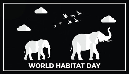 World habitat day awareness banner featuring flat vector illustrations of elephants birds flying and clouds on an abstract black background © Prince7011