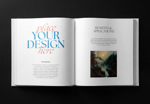 Top view of an open square hardcover book or magazine spread mockup with blank white pages isolated on a solid black background