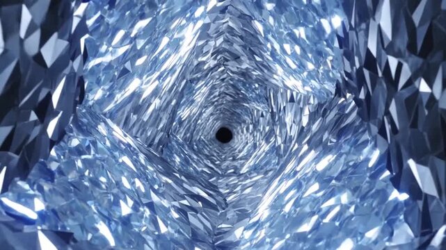 Tracking shot of faceted crystal tunnel spiraling toward dark center inside reflective metallic cavern interior