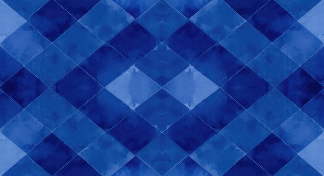 Seamless indigo ink watercolor pattern featuring a geometric diamond grid. Deep blue fluid textures offer an artistic backdrop for modern designs, watercolor, texture, creative