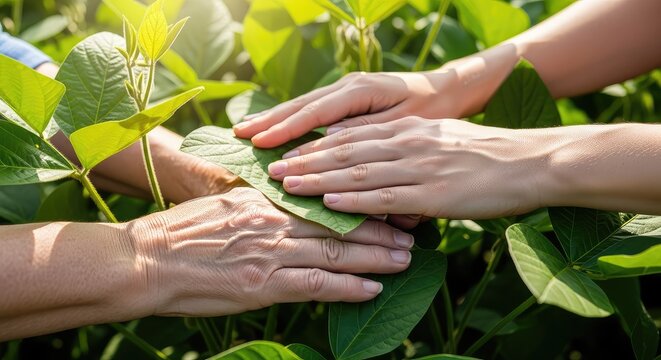 Two pairs of hands from different generations gently touching lush green soybean leaves in a sunlit field, showing a deep bond and legacy, sunlight, environment, crop
